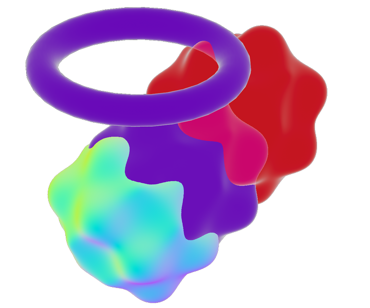 3D rendering of 3 spheres with distortion rendered on top of each others. The top _IS_ is transparent. A mesh-based, purple taurus intersects with the top _IS_.