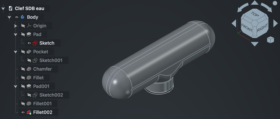 Screenshot of FreeCAD with its interface and a 3D part rendered in the viewport.